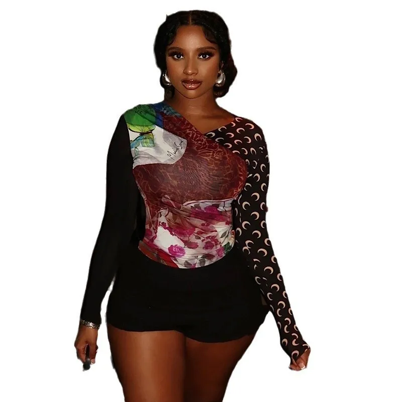 Spring Women's Clothing Slim Fit V Neck Long Sleeve Tops Floral Print Short Crop Top For Woman Polyester Milk Silk Fabric view 5