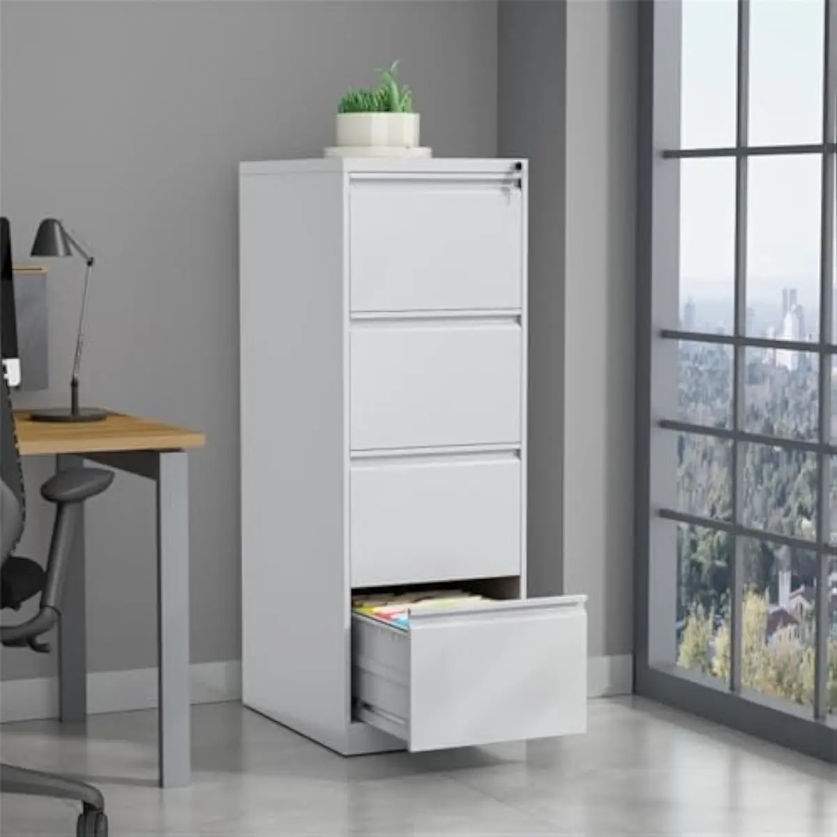 Four-drawer vertical steel filing cabinet with secure lock mechanism, smooth-gliding drawers, anti-tilt safety system, scratch-r