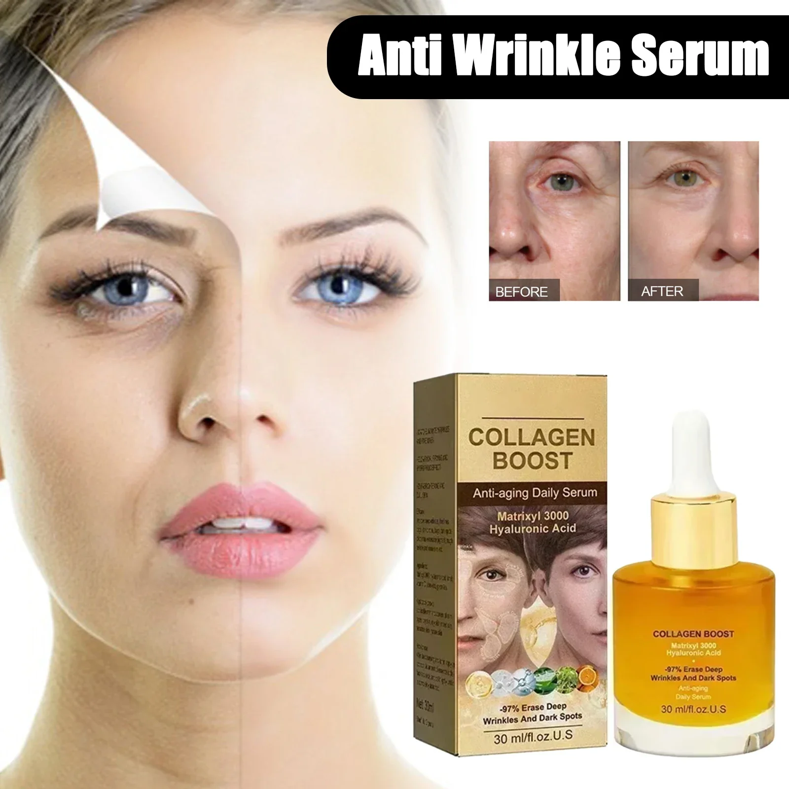 

Facial Anti-Wrinkle Serum Eliminates Wrinkles Firms Skin Removes Color Spots Diminishes Fine Lines Anti-Aging Essence Face Care