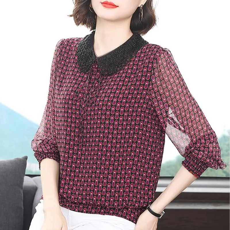 Female Clothing Vintage Printed Shirt Stylish Beading Peter Pan Collar Spring Autumn Bandage Casual Long Sleeve Shirring Blouse