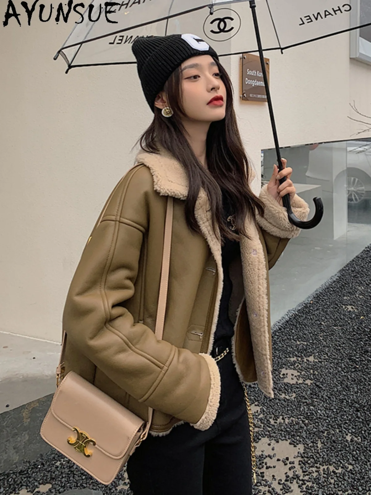 AYUNSUE 2025 Nieuwe Shearling Jas Vrouw 100% Natuurlijke Wollen Jassen voor Vrouw Kleding Losse Mode Bont Jas Ropa Para Mujer