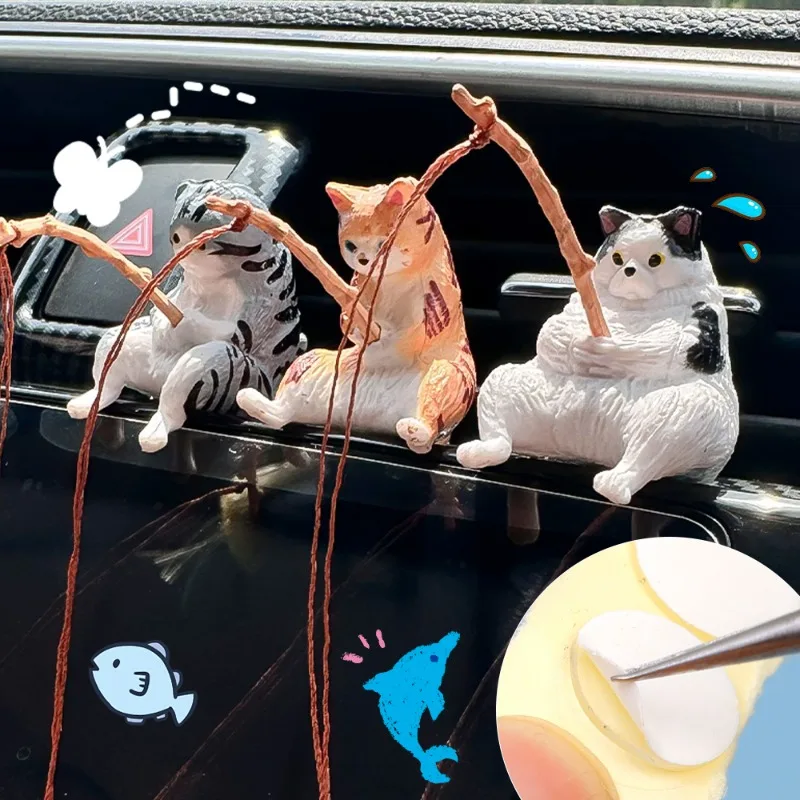 Fishing Cat Car Ornaments Car Dashboard Center Console Rearview Mirror Decoration Ornament Resin Car Interior Decor Accessories