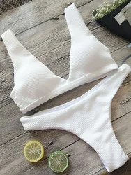 2025 Sexy White Ribbed Brazilian bikini Women Swimwear Female swimsuit Two pieces bikini Set Push up Bather bathing suit Swim