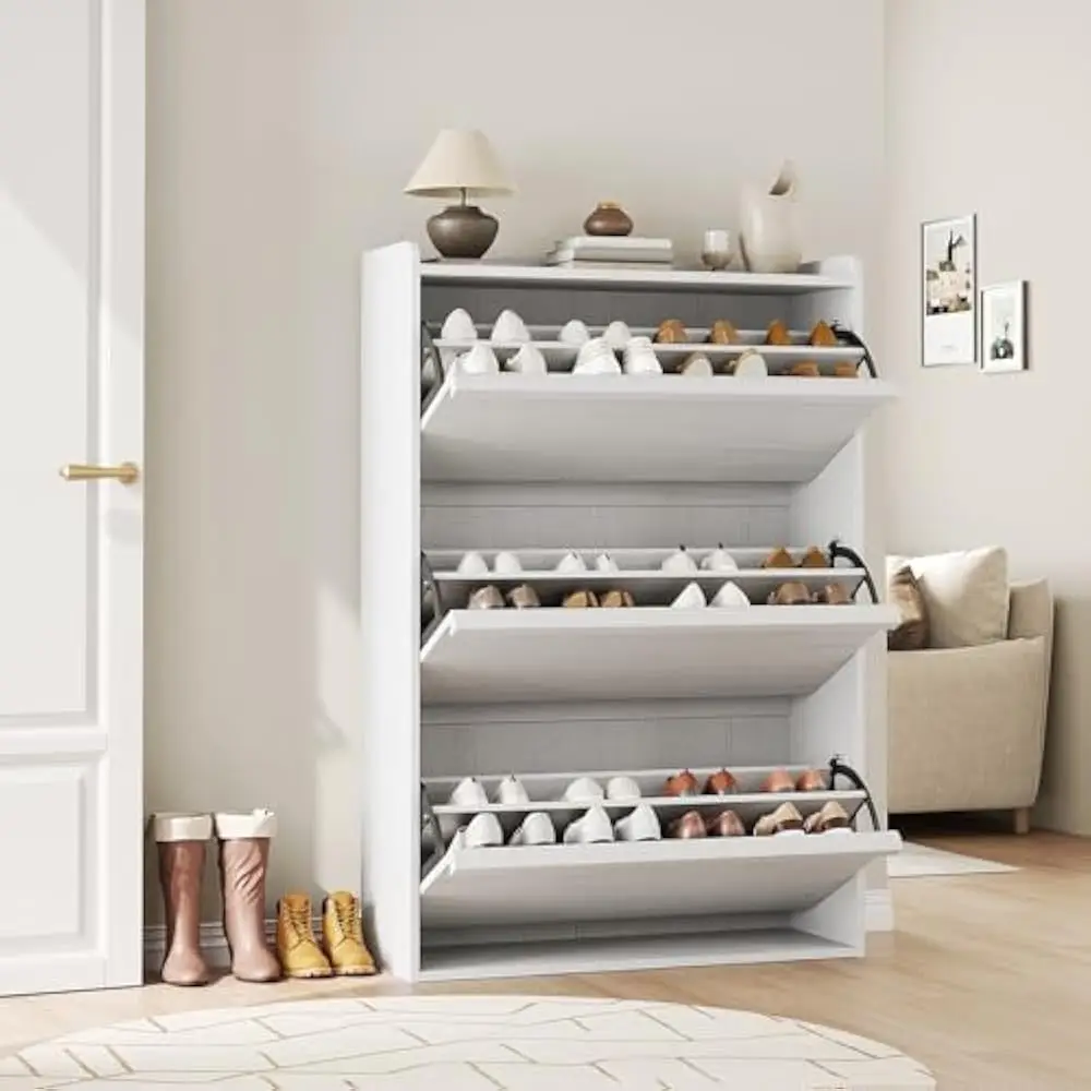 

Shoe Cabinet with 3 Flip Drawers, Wooden Shoe Organizer with Adjustable Shelf, Shoe Storage for Entryway, Hidden Shoe Cabinet