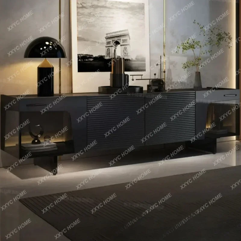 A Italian TV Cabinet Villa Living Room Black Suspended Storage Stone Plate Floor Cabinet with Lights