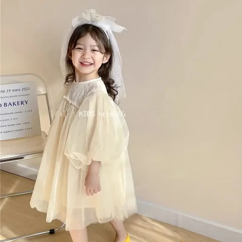 Vestidos casuales para niñas, ropa informal Simple, suelta, dulce estilo coreano de princesa, vestido de baile de encaje, ropa para niños, sólido