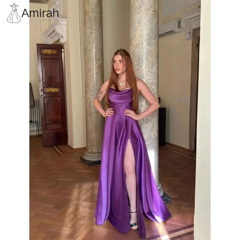 Amirah op maat gemaakte luxe damesavondjurken vrouw elegante luxe dames elegante feestjurk zijsplit A-lijn satijn