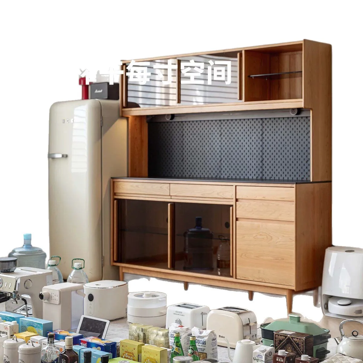 Out of Life Vientiane Dining Side Cabinet Restaurant Solid Wood Storage Cabinet Cherry Wood Integrated High Cabinet Wall Slate C