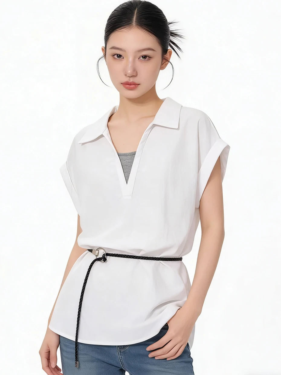 

Женская джинсовая рубашка с коротким рукавом, с эффектом утяжки на талии, в стиле пэчворк, многослойная, повседневная, летняя, новый дизайн, модная уличная одежда