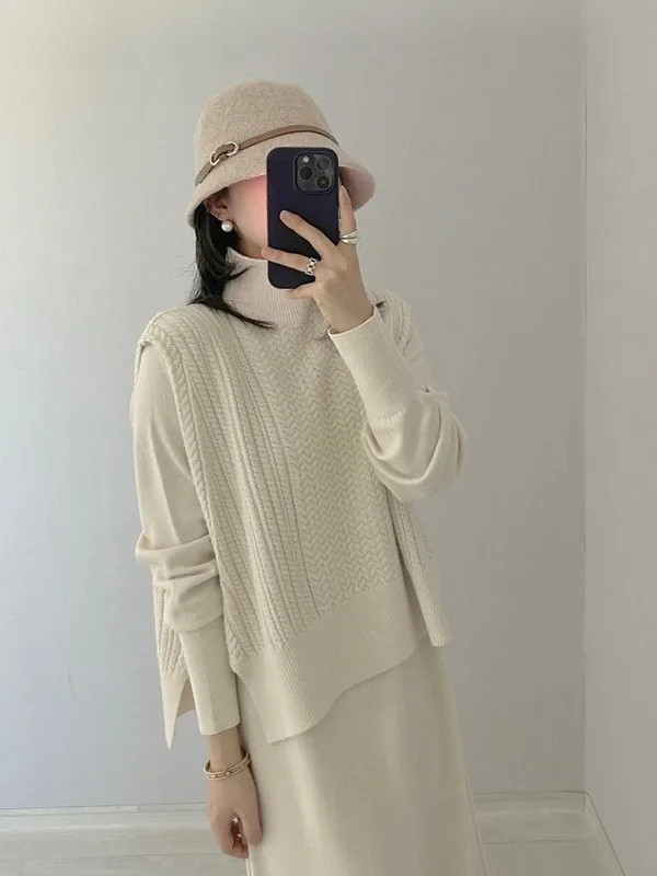 Retro Twist Knitted High Collar Women's Vest Dr Sweater Set Versatile Outerwear Top Chic Ensemble for Young Women