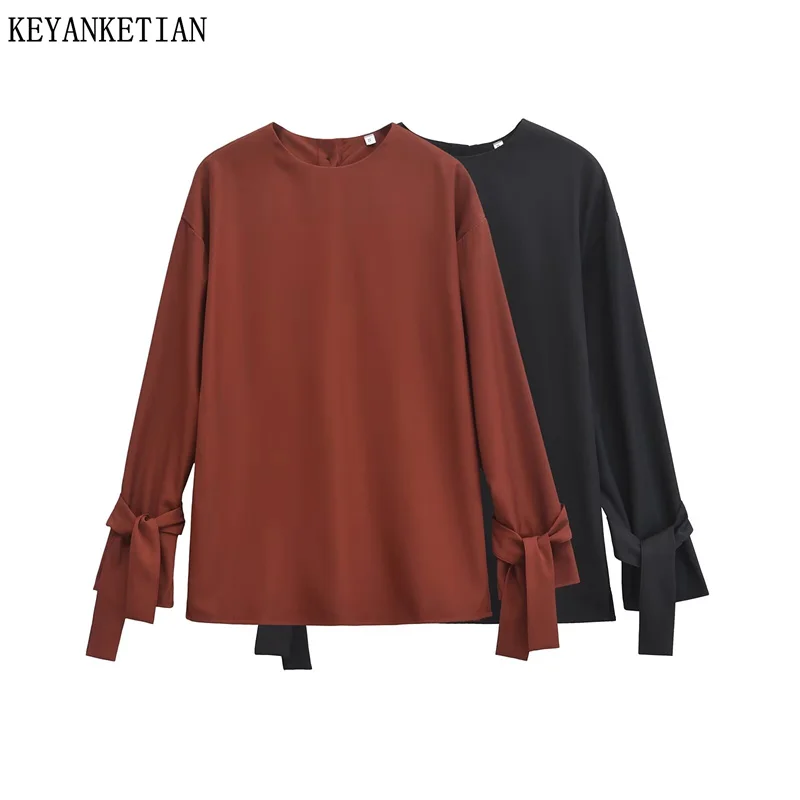 KEYANKETIAN 2024 Autumn New Women's Cuff strap decoration Shirt Pullover Solid color O-Neck Office Lady Loose Blouse Simply Top