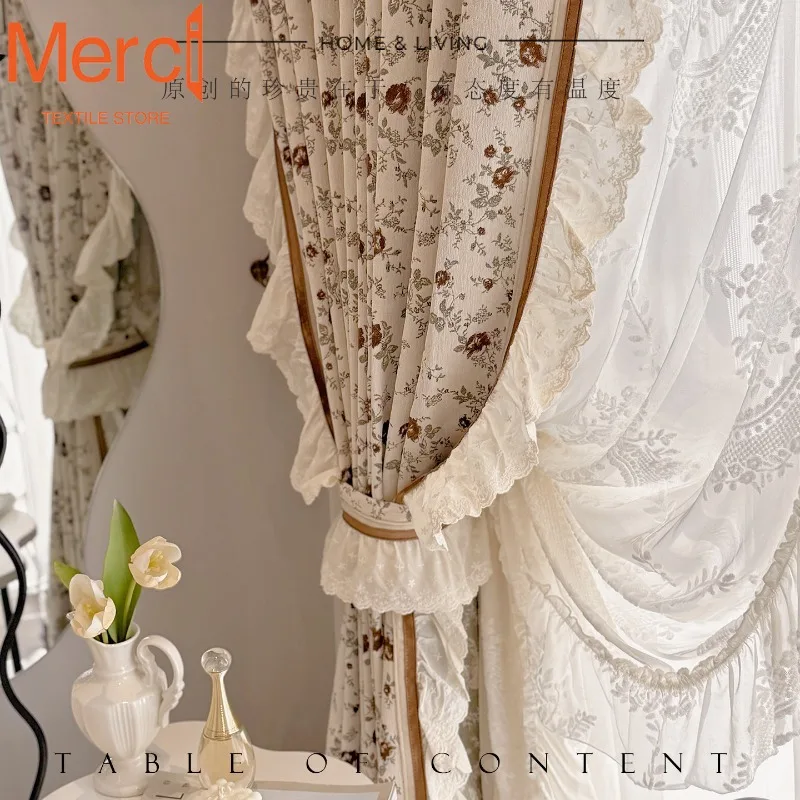 French Cream Pastoral Floral Thickened Chenille Blackout Literary Retro Embroidered Lace Curtains for Living Dining Room Bedroom