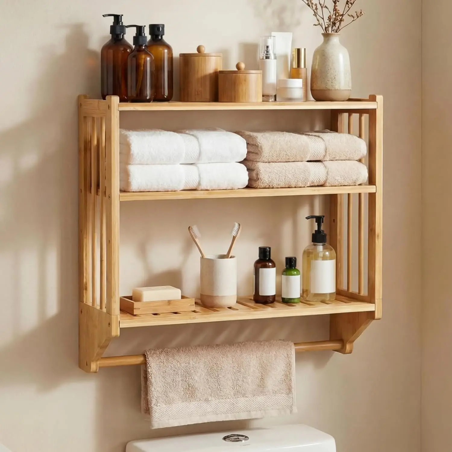 

Bamboo Over The Toilet Storage Shelf, 3-Tier Wall Mounted Bamboo Rack Organizer, Floating Rack with