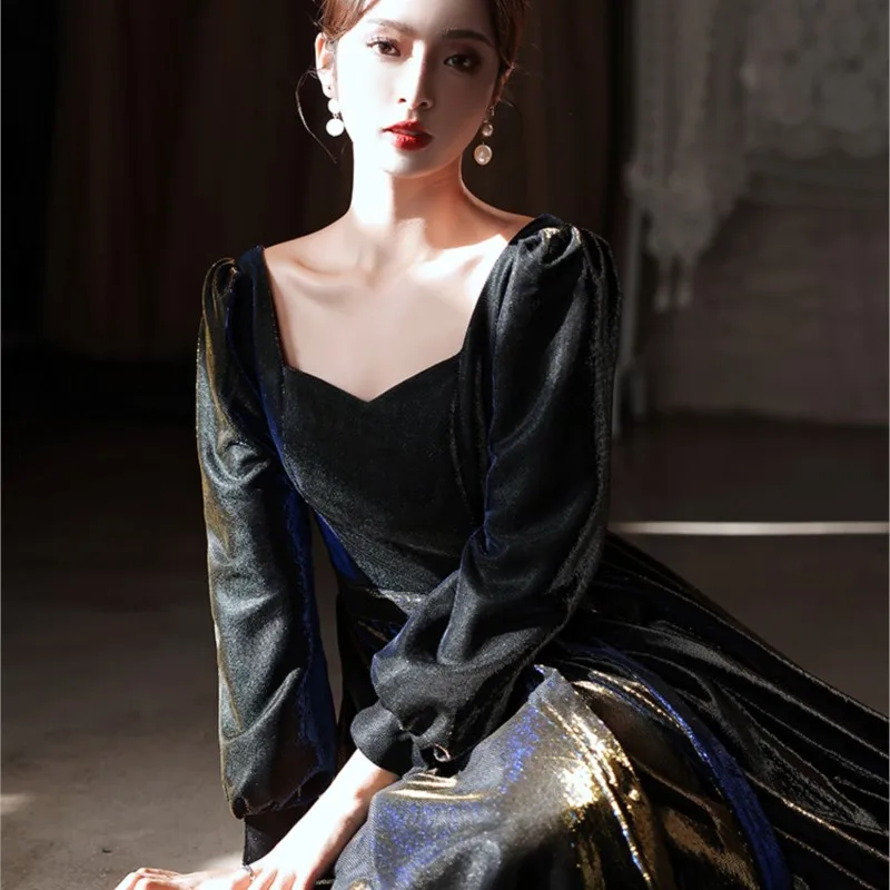 Long-sleeved female light luxury niche sense bel Canto art test performance host dress