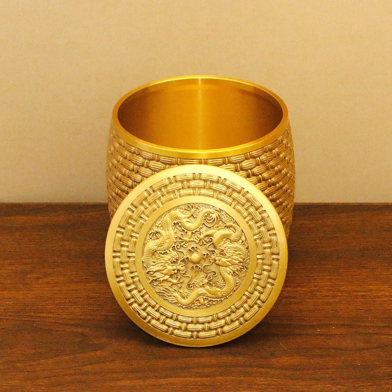 Brass Double Pure Copper Hundred Fortune Tea Canister with Lid for Home Living Room Office Sealed Storage C