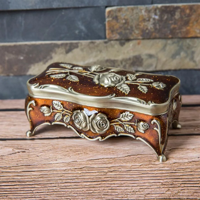 2025 Vintage Enameled Rectangular Collectible Jewelry Trinket Box for Women Rose Flower Storage Box Organizer Keepsake Gift Case