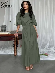 Oymimi Casual Green Cotton Womens Dresses Fashion O-Neck Half Sleeve Dresses Autumn High Waisted Ankle-Length Dress Streetwear