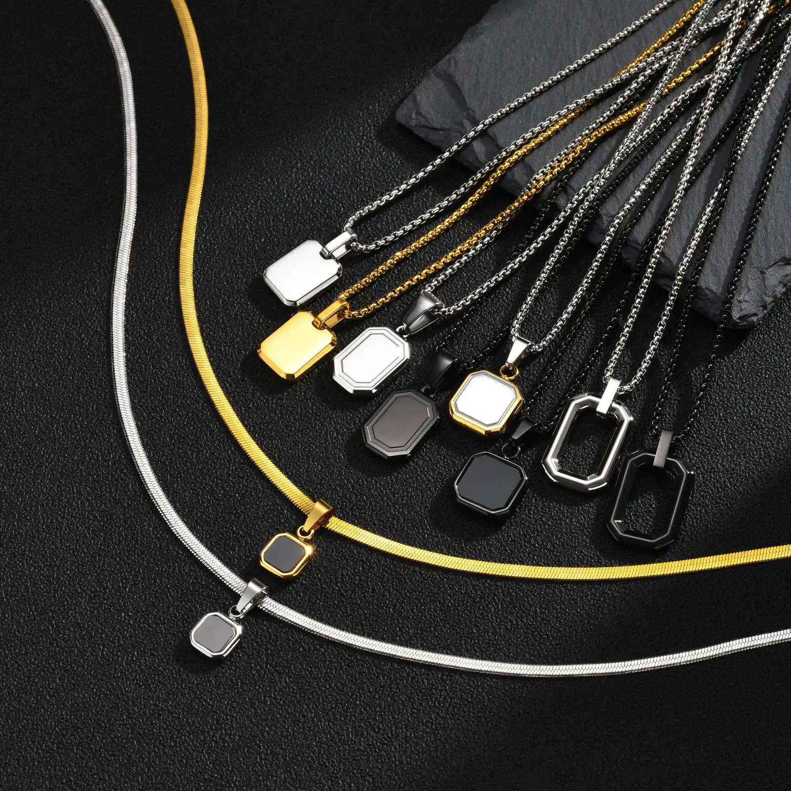 Vnox Herren-Halskette mit geometrischem quadratischem Anhänger, Edelstahl-Klingenkette, minimalistischer Schmuck, Geschenk für Jungen, Ehemann, Ihn – Detail 5