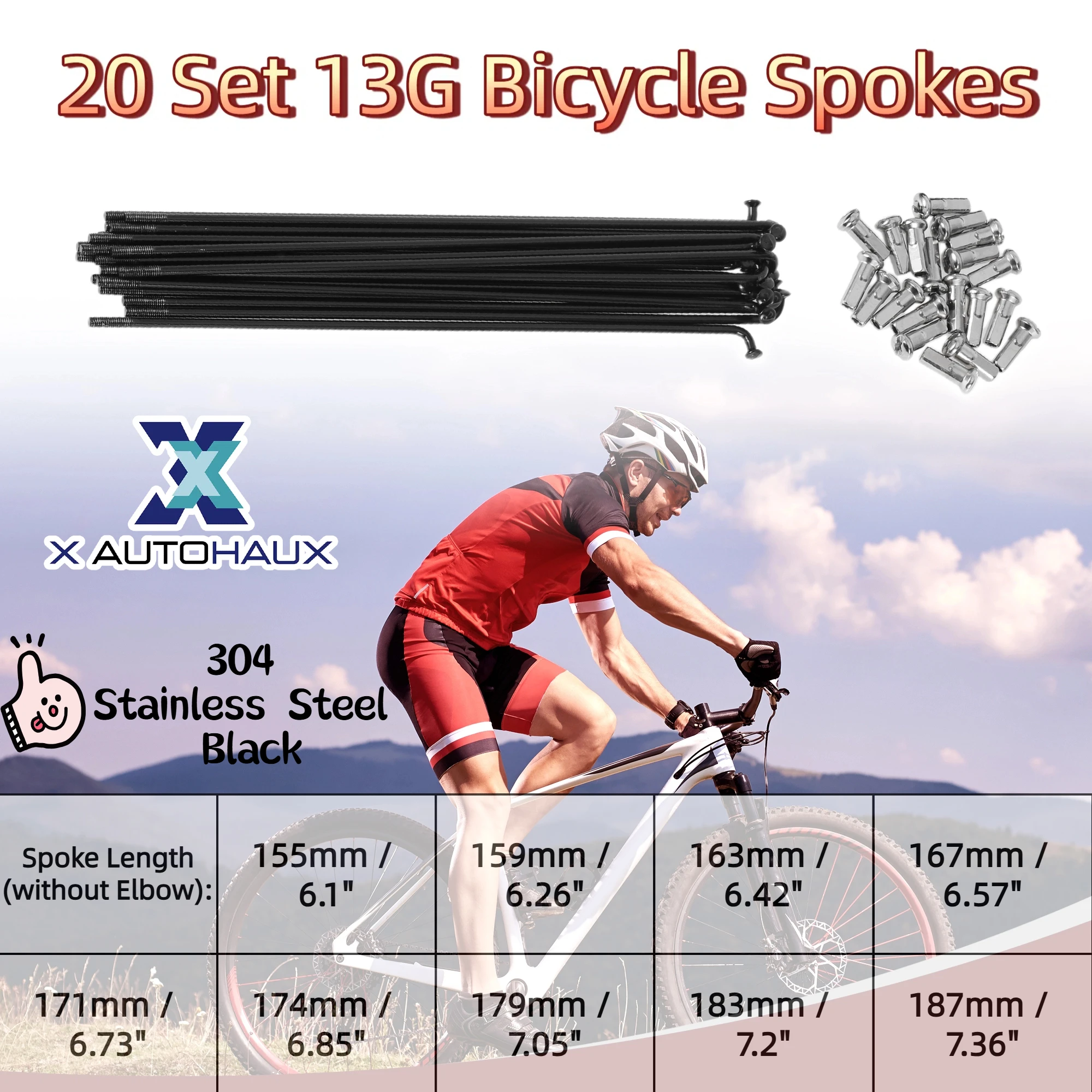 

X Autohaux 20 Set 13G Bicycle Spokes 155mm 159mm 163mm 167mm 171mm 174mm 179mm 183mm 187mm Bike Wheel Spokes 304 Stainless Steel