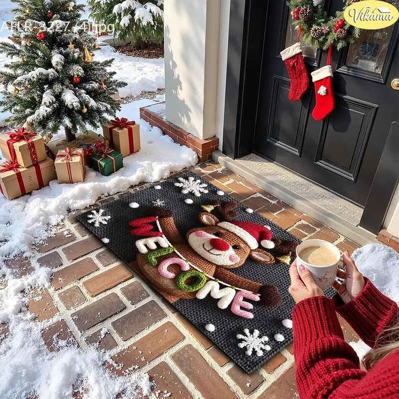 VIKAMA Dark Gray Welcome Reindeer Knit Entryway Rug Non Slip Low Profile Mats for Outside Front Door Xmas Decor Washable