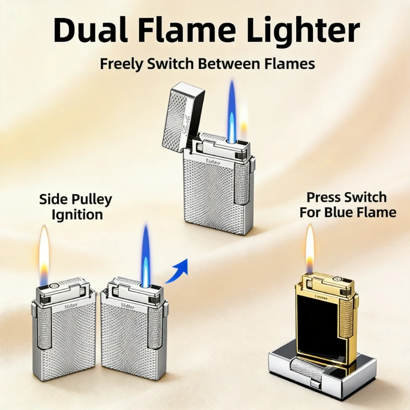 Tactile Side-Slip Flint Wheel Lighter Crisp Loud Spark Dual Jet Flame Windproof Refillable Luxury Accessory for Enthusiasts