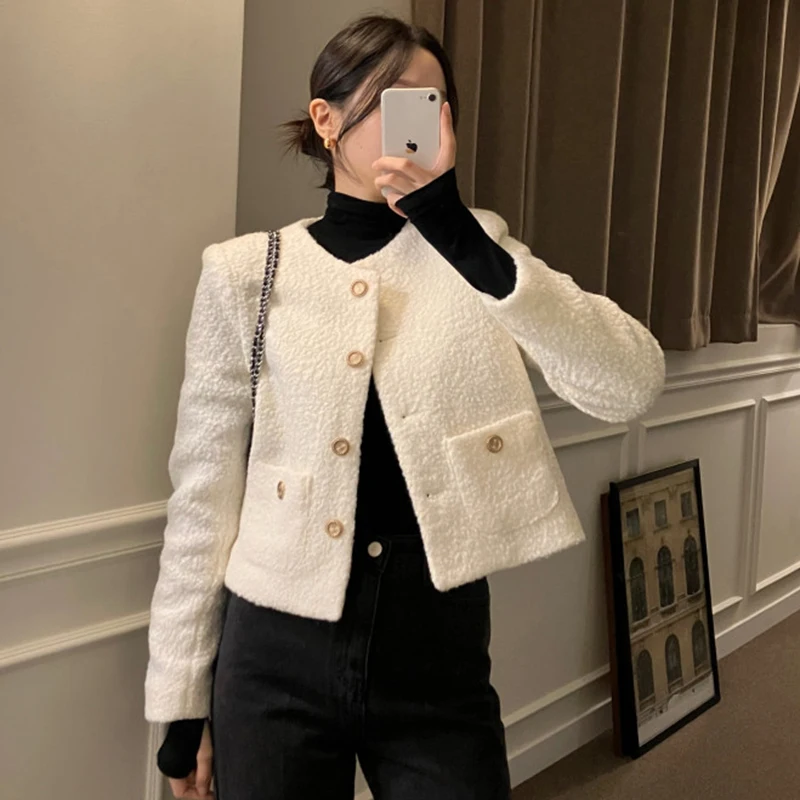 

Autumn Winter Fragrant Round Neck Single Breasted Loose Long Sleeve Short Pattern Tweed Coat Women Jackets