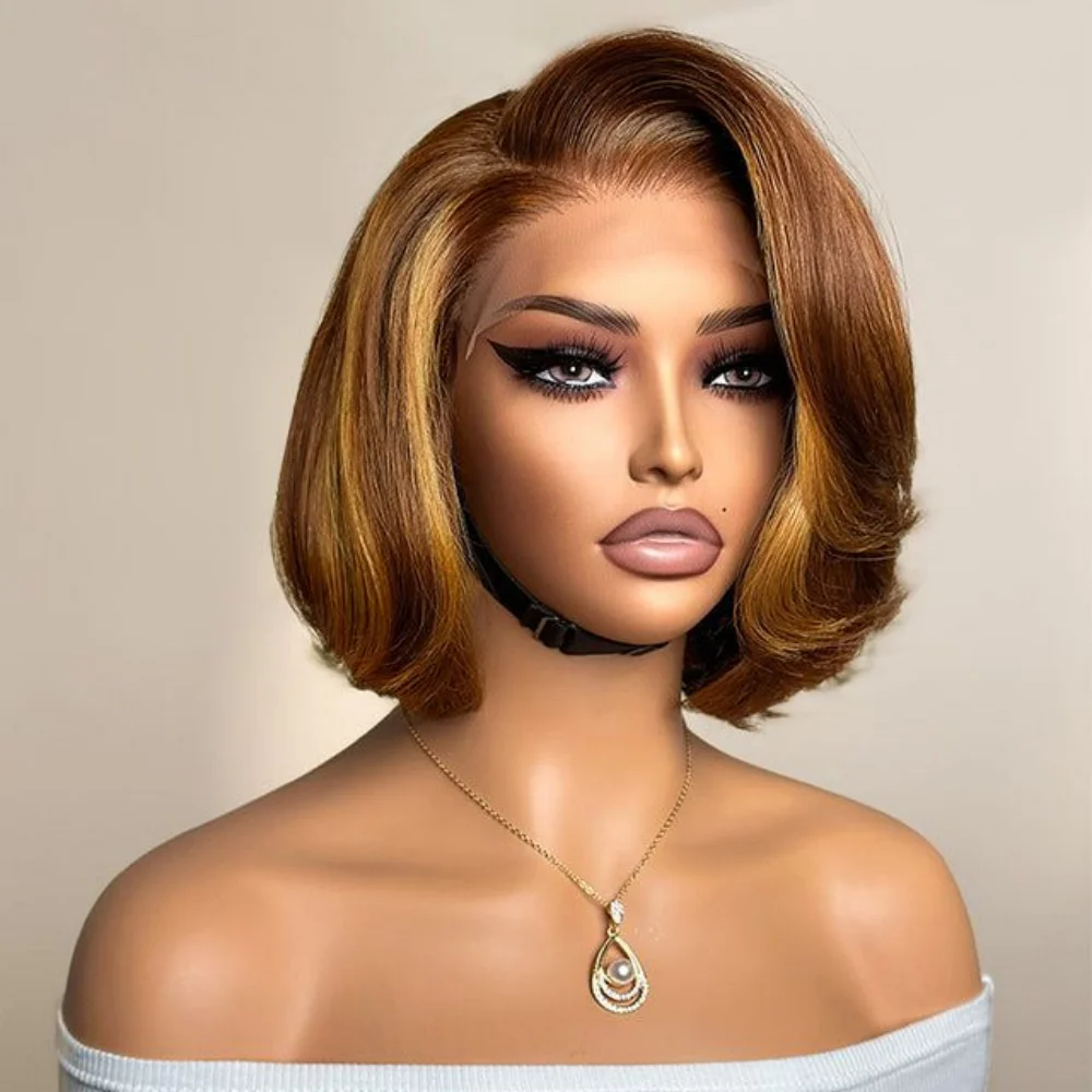 Soft Glueless Bob 14inch Highlight Brown Straight 5x5Silk Base Jewish Human Hair Wig  Baby Hair HD Lace European Hair Preplucked