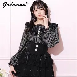 2024 New Autumn Japanese Mine Sweet Lace Lapel Cute Bow Long-sleeved Shirt Girls Lolita Blouse Plaid Shirts for Women