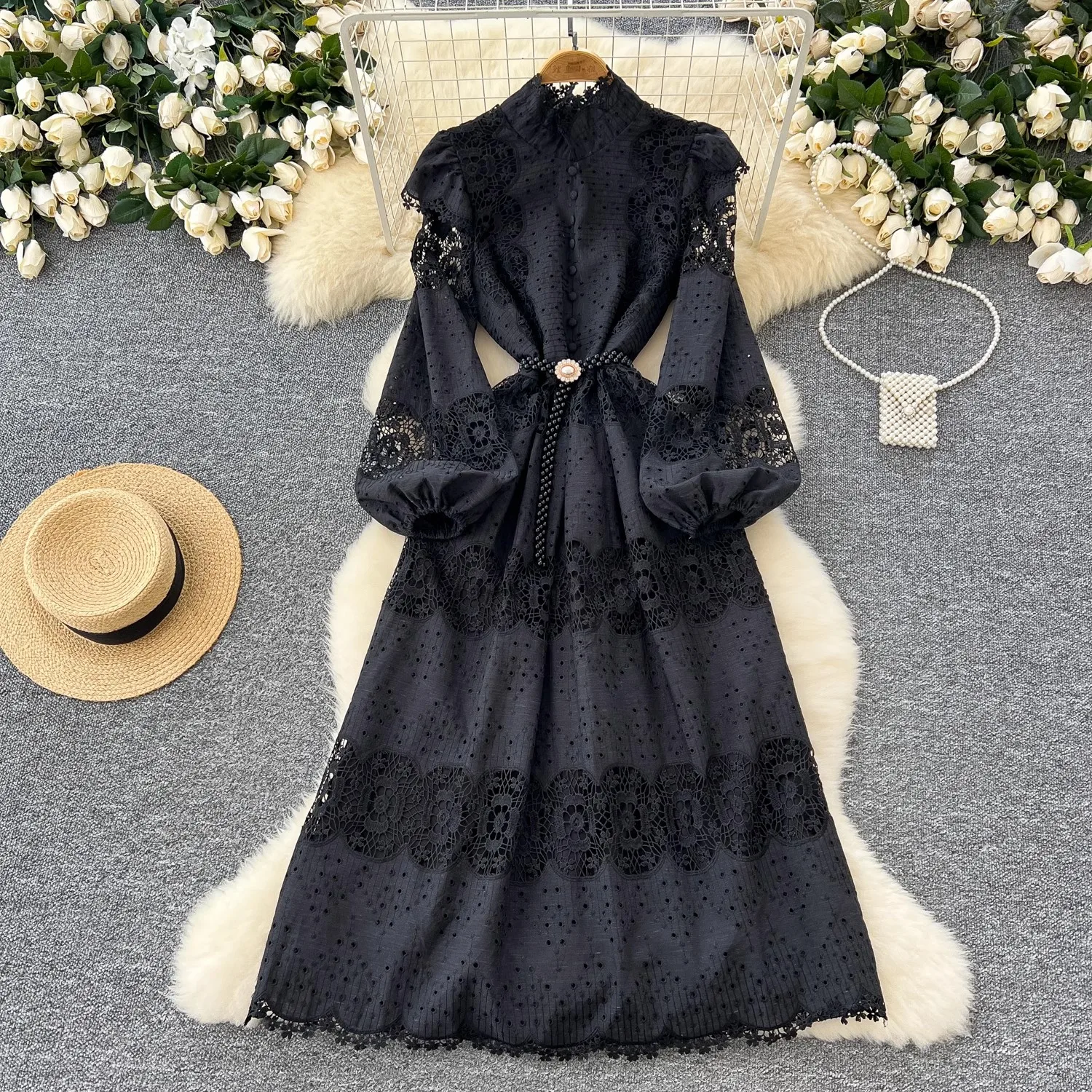 Runway Flower Embroidery Crochet Lace Cotton Dress Autumn Women\'s Stand Long Lantern Sleeve Hollow Out Evening Party Vestidos