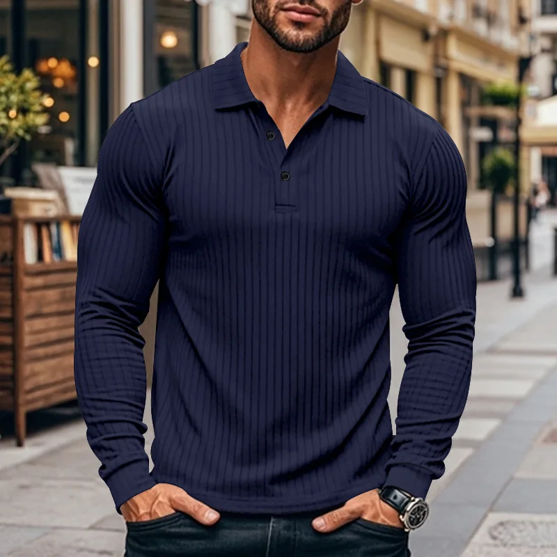 Cross-border autumn men\'s classic casual American lapel button-up long-sleeved T-shirt elastic pit strip polo shirt