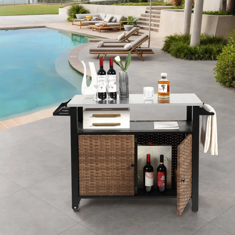 Outdoor Kitchen Wicker Island Rolling Cart & Storage Cabinet, Wheels and Stainless Steel Extended Table Top, Side Handle for Pat