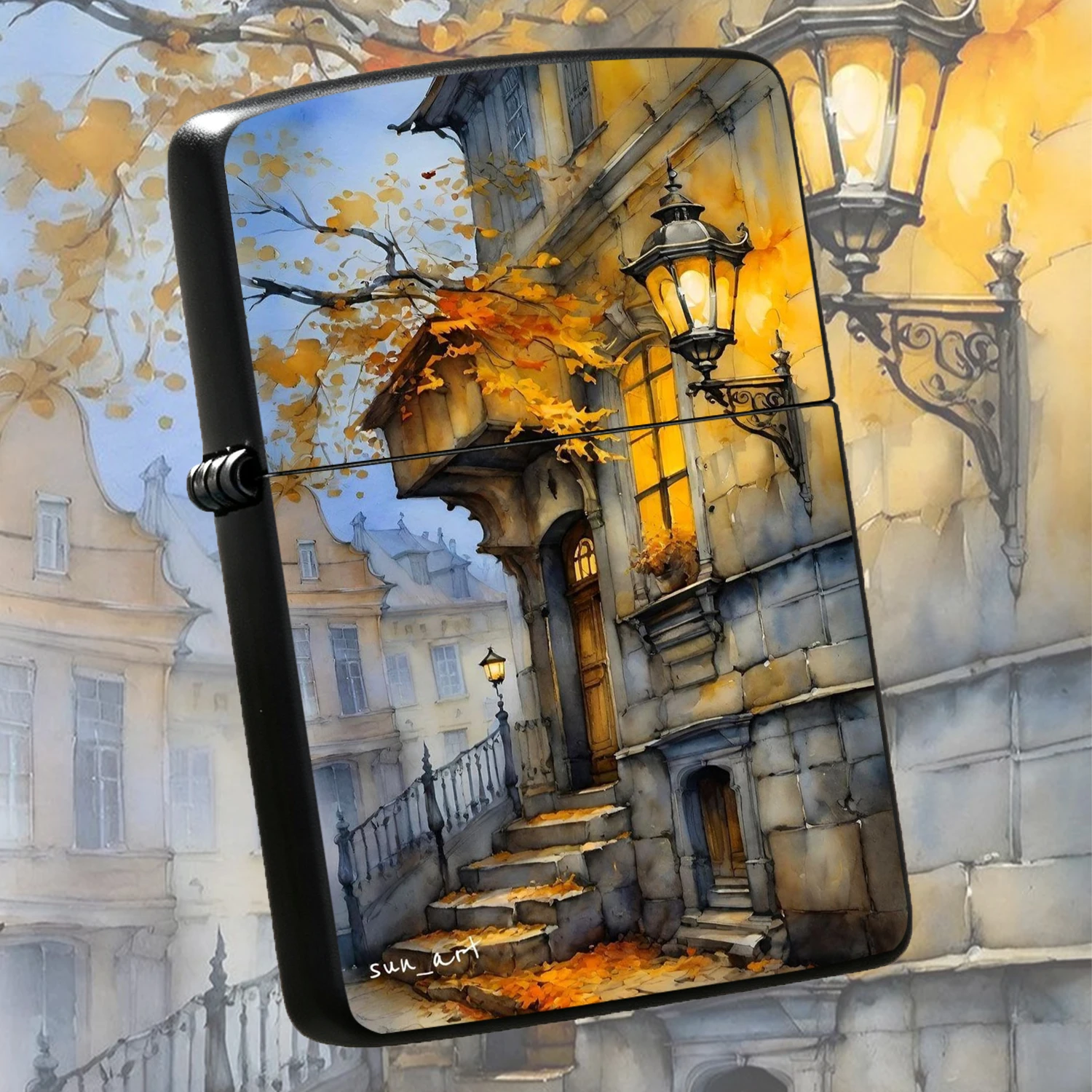 Vintage Autumn Old Street Watercolor Pattern Portable , Warm Nostalgic Fall Artistic Decorative Small Item, Ideal For Daily Use, Party, Gifting, Delicate Practical Multi-Scenario Handy Supply With Cozy Retro Aesthetic A Humorous And Interes