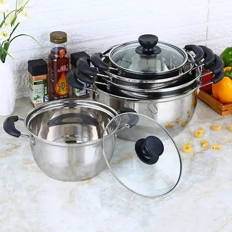 Multifunctional cooking pot, stainless steel soup pot, thickened anti-scalding handle, kitchen steaming pot, tempered glass lid