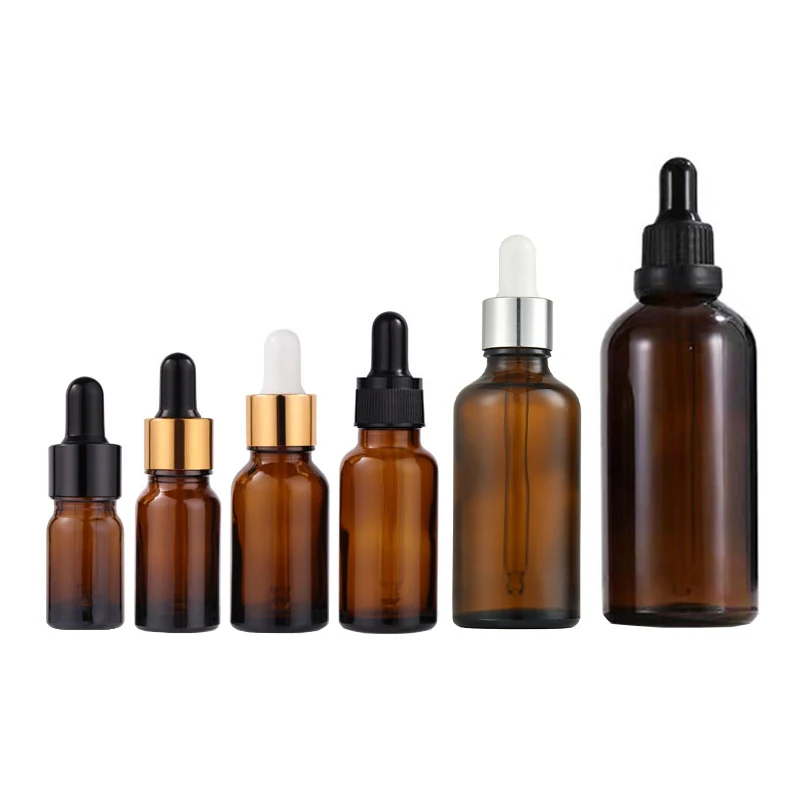 10pcs Glass Dropper Bottles 5ml 10ml 15ml 20ml 30ml 50ml 100ml Amber Brown Essential Oil Pipette Bottle Empty Gold Black Cap
