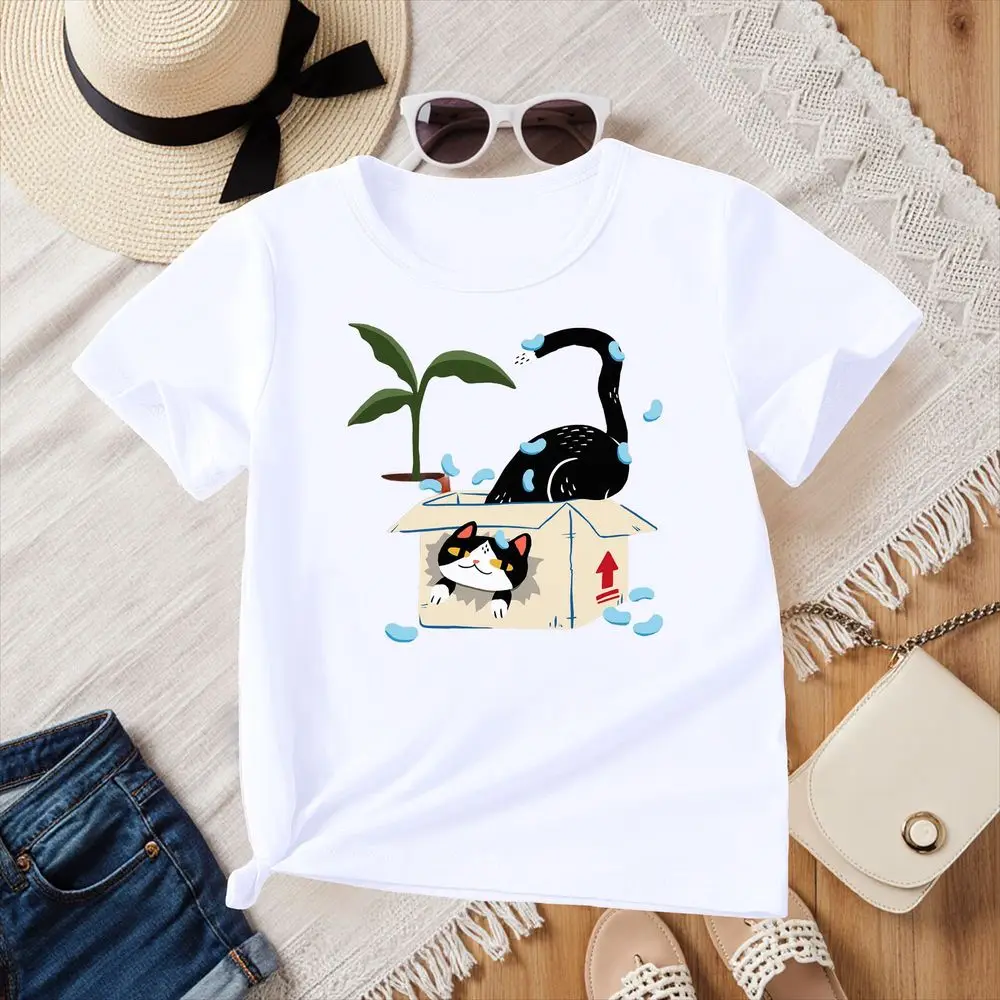 Fun Cats in Box Graphic T-Shirt Summer Short Sleeve Black Cat Playful Print Vintage Tops Women kawaii clothes Y2k Cat Lover Gift