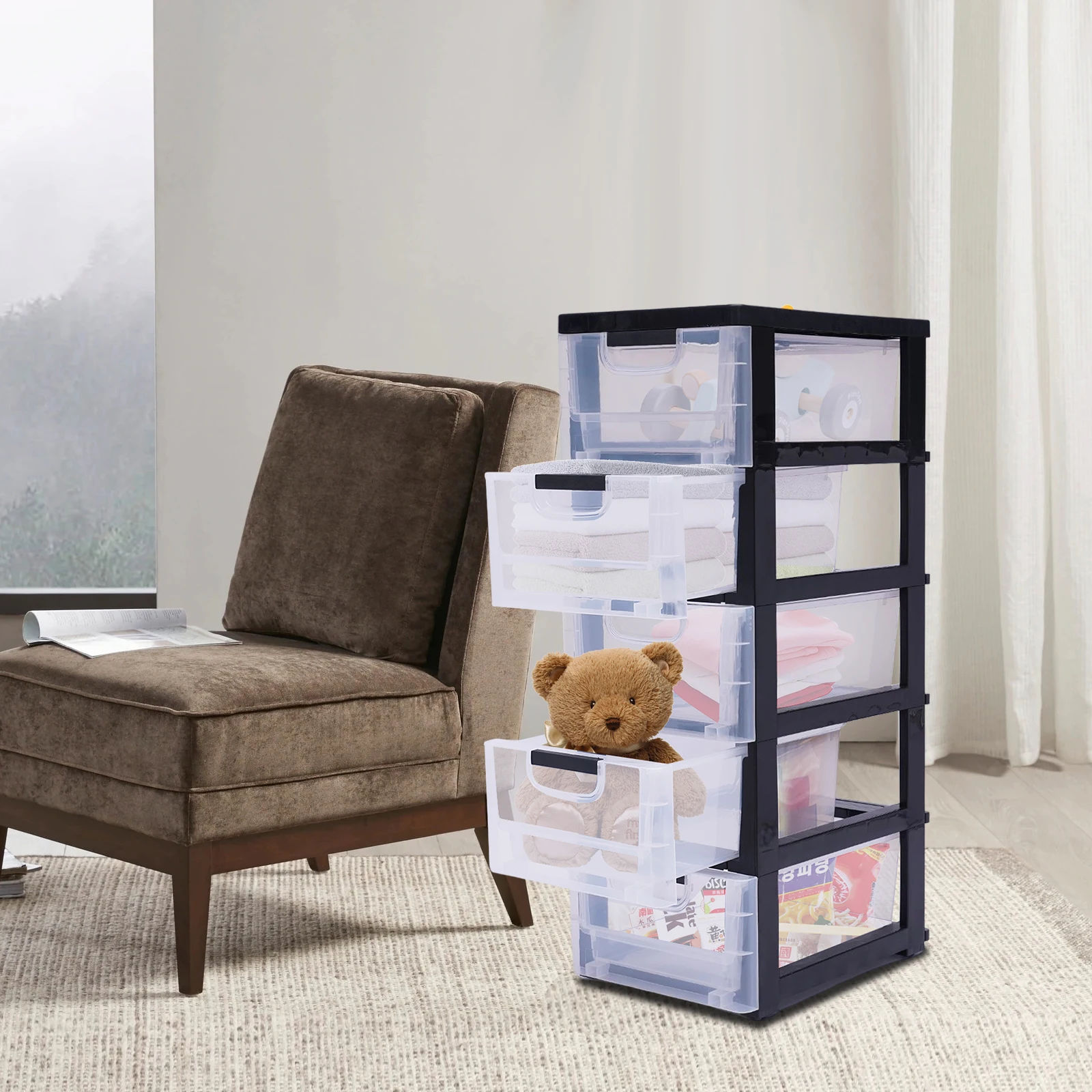 5-Tier Storage Cabinet 5 Drawers Transparent Plastic Vertical Closet for Storing Clothes, Towels, Toys