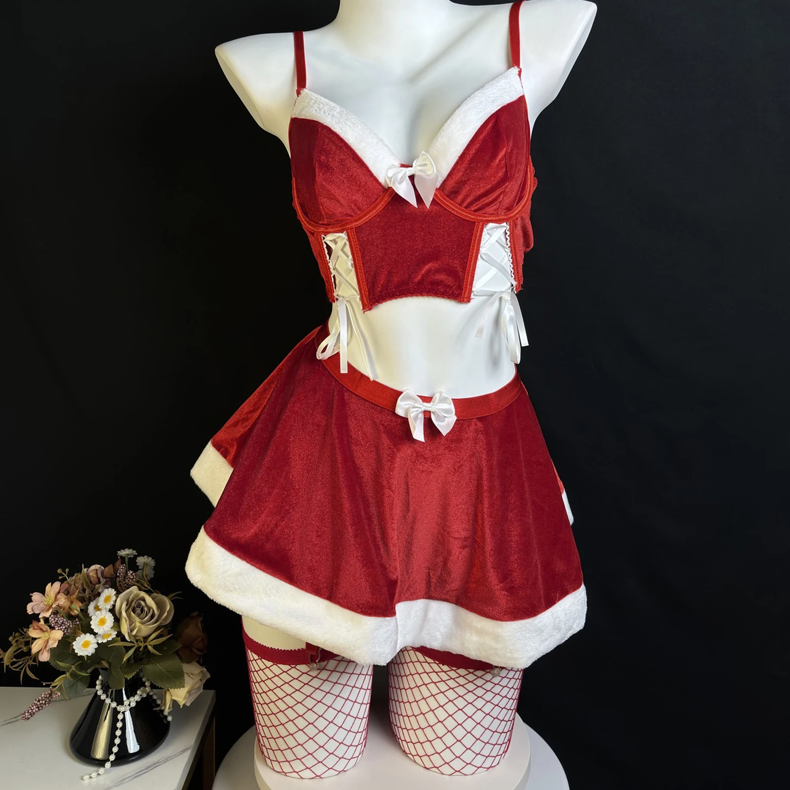 

Women's Christmas Lingerie Outfits Bow Cross Strap Camisoke + Thong + Mini Skirt + Thigh High Socks Babydoll Sleepwear