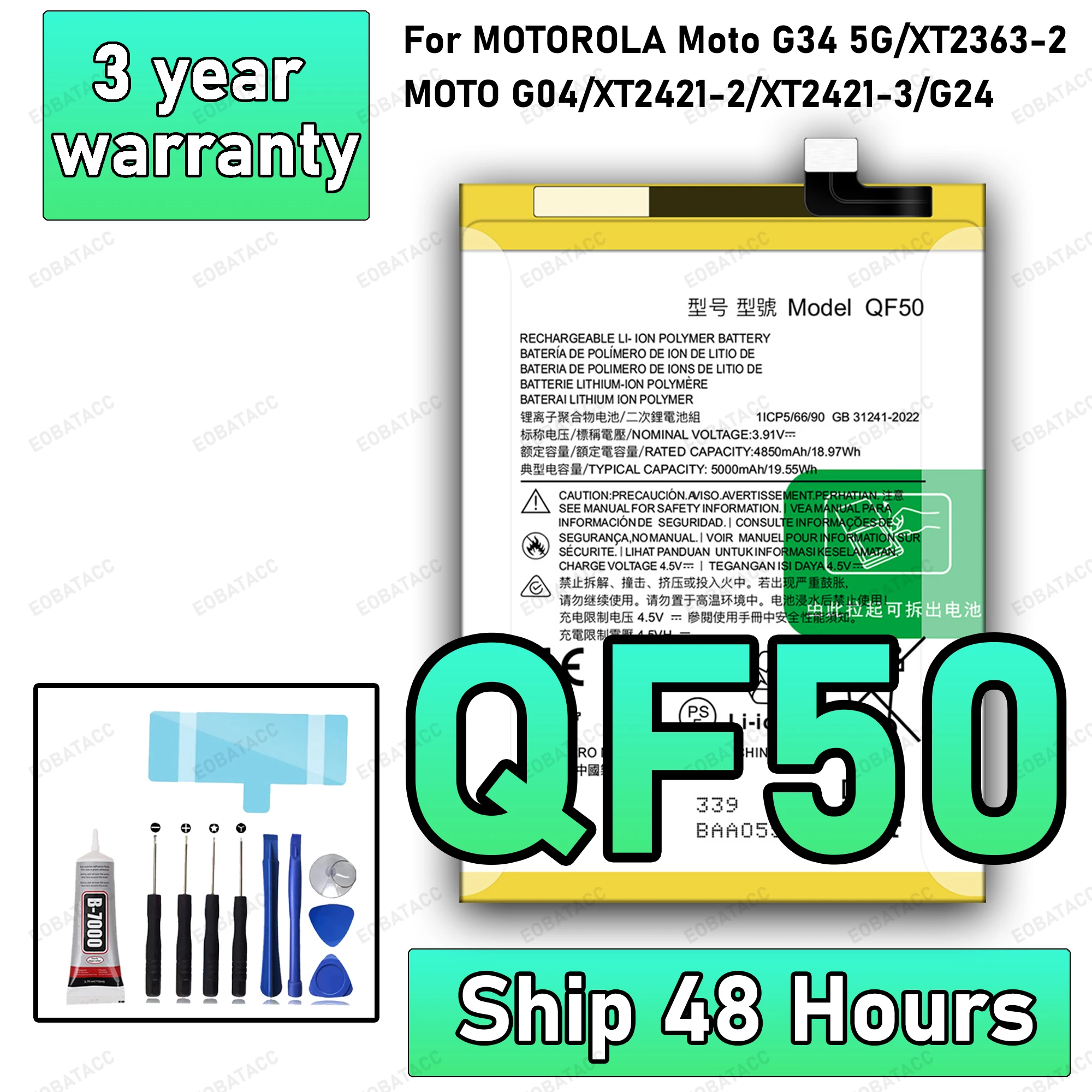 

New High Quality QF50 Battery For MOTOROLA MOTO G34 5G/XT2363-2/MOTO G04/XT2421-2/MOTO G24 Replacement Battery Bateria+Free Tool