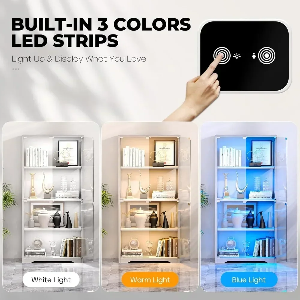 Display Cabinet, 4-Tier Curio Cabinet & Bookcase with 3 Color Light for Collectibles, Toys, Books, Glass Door Storage Cabinet image 4
