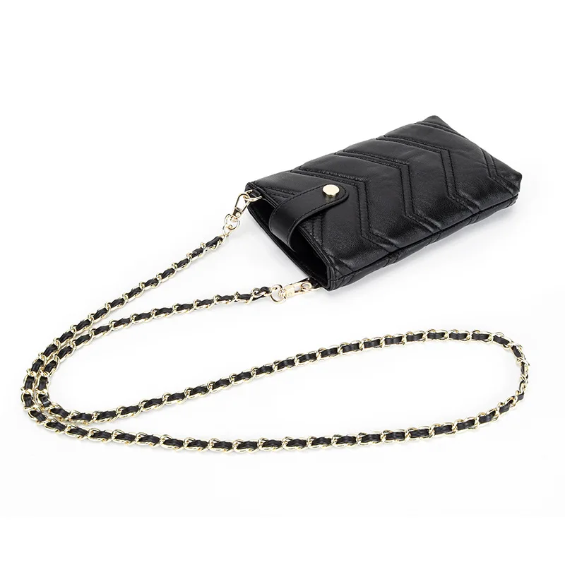 URBAN MASTER damskie czarne torby na telefon prawdziwej skóry owczej modna chusta z łańcuszkiem na ramię miękka mini torebka typu crossbody — zdjęcie 2