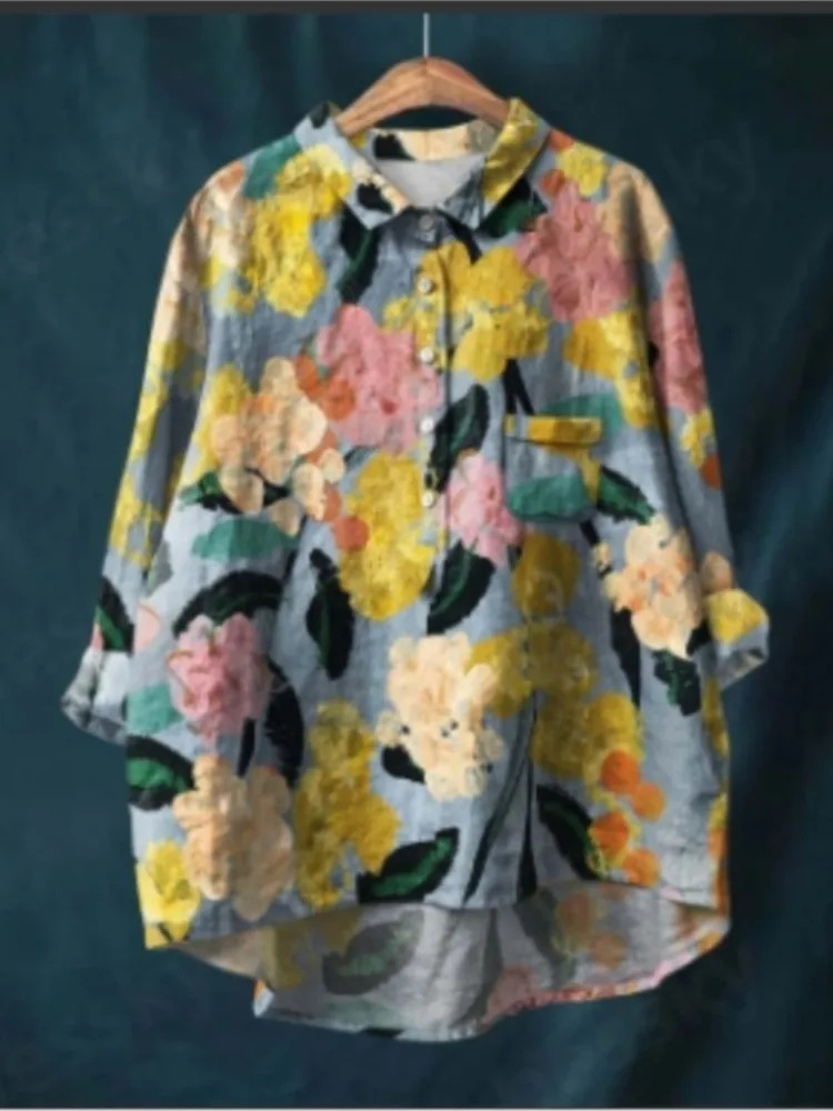 Autumn Winter New Women's Fashion Printed Button Solid Color Pocket Lapel T-shirt Casual Comfortable Long Sleeved Shirt