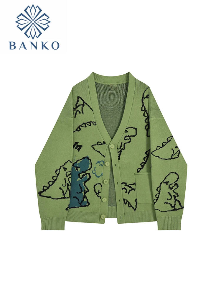 Women Autumn Winter V-neck Cartoon Dinosaur Jacquard Knitwear Loose Long Sleeve Contrast Color Casual Knitted Cardigan Sweater