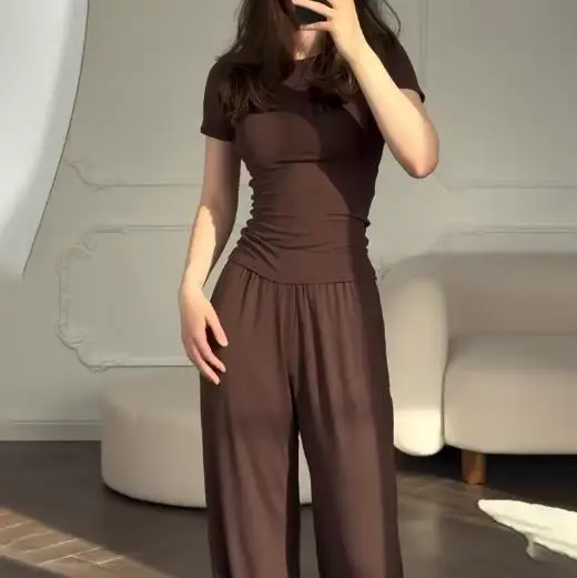 

2025 Summer Women's New Fashion Round Neck Slim Fit Casual Versatile Loose Elastic Wide Leg Pants Set for Women