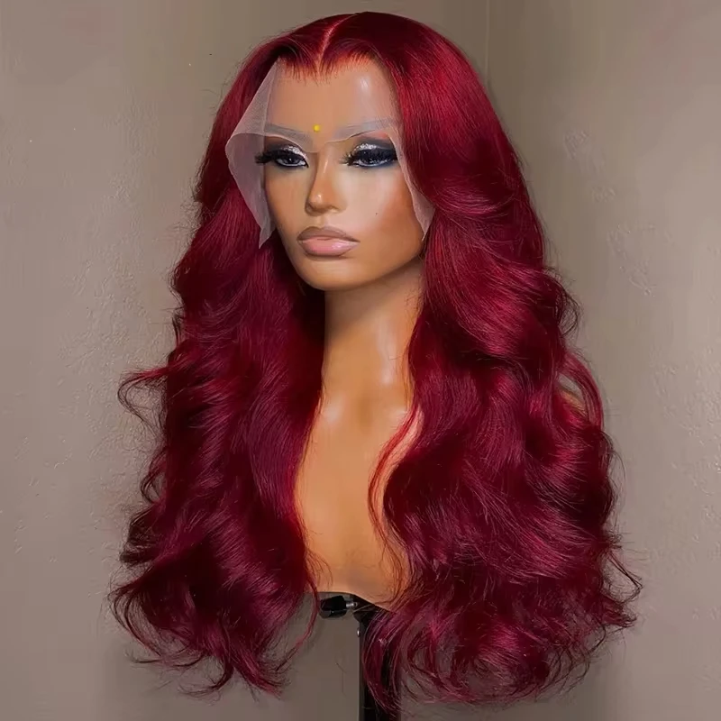 Wig depan renda transparan gelombang tubuh 30 inci berwarna 99J Burgundy gelombang air Brasil 13x4 wig Frontal renda penuh untuk wanita