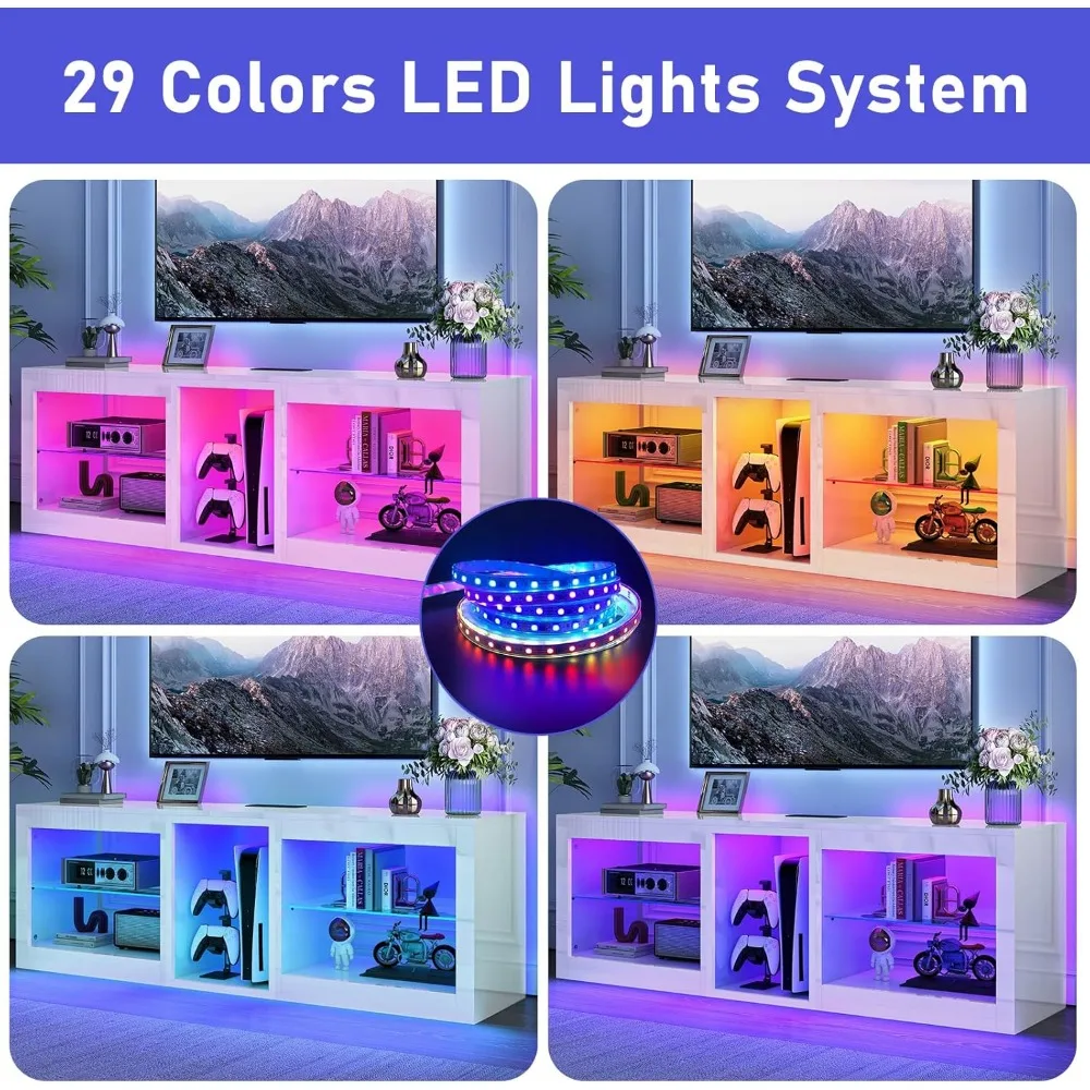 حامل تلفزيون LED مع مخرج طاقة لتلفزيون 65 70 بوصة، 63 مركز ترفيه حديث مع ضوء 7000 لون لوحدة تحكم تلفزيون عالي اللمعان P S 5