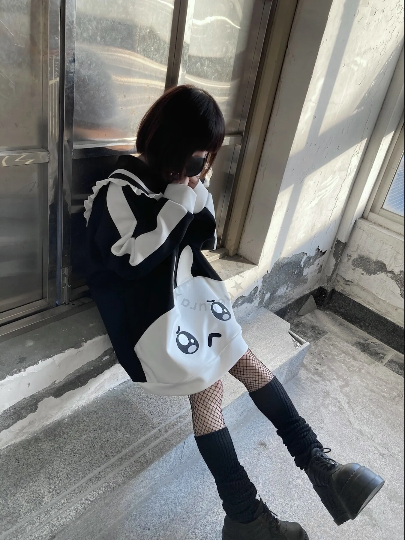 Japanese Mine Series Cartoon Print Sailor Collar Oversized Sweatshirt Autumn and Winter Girl Women's Mid-length Hoodie Dress