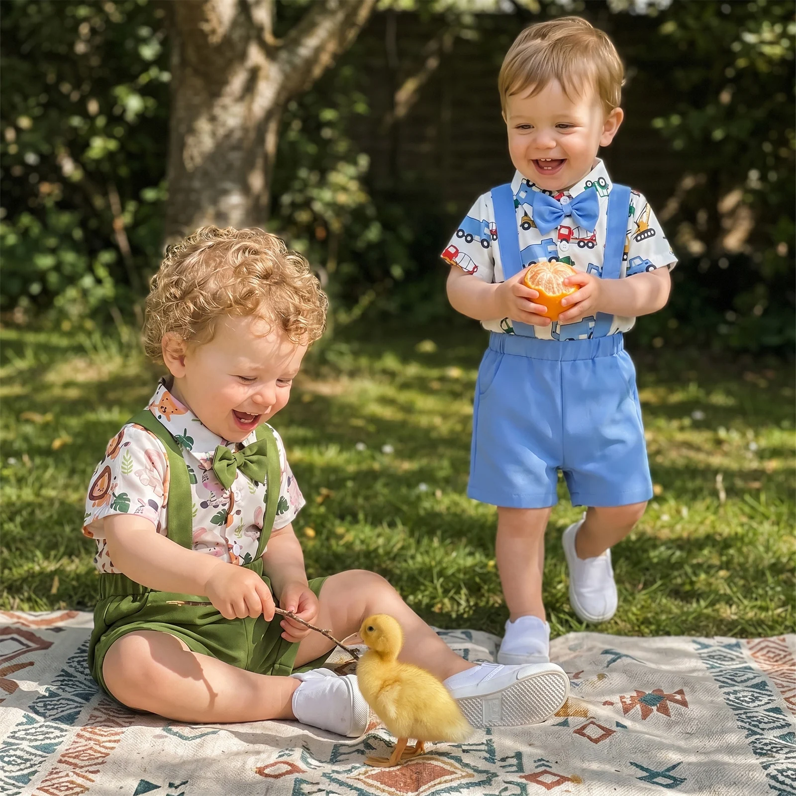 2Pcs Infant Boy Summer Outfit Lapel Collar Short Sleeve Button Down Bowtie Decor Romper Shirt and Suspender Shorts Set