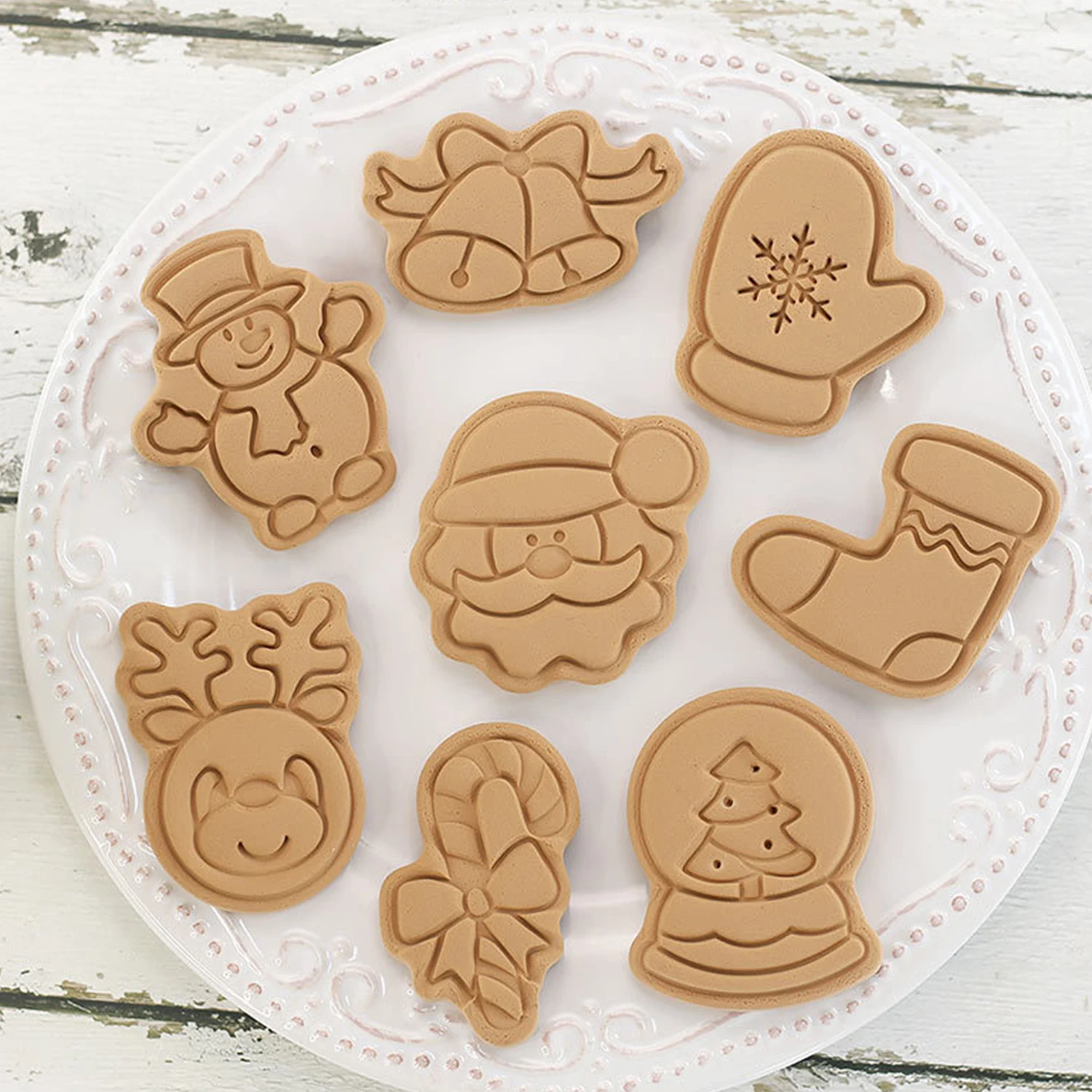 8 Pieces Christmas Cookie Cutter Press Santa Claus Biscuit Mold Cookie Stamp Plastic Confectionery Kitchen Baking Pastry Tools