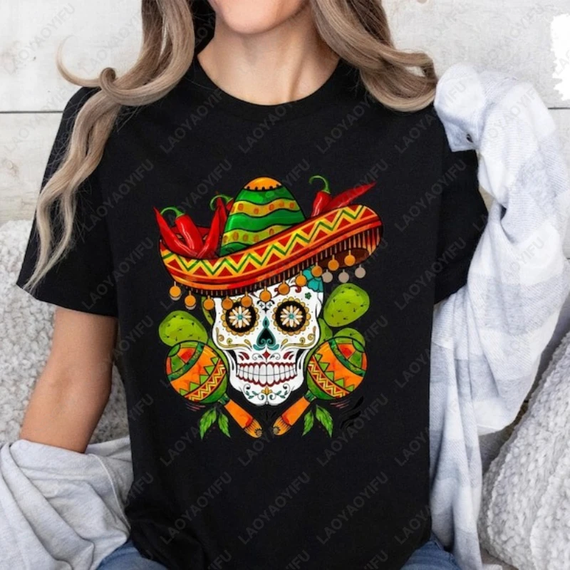 Happy Cinco De Mayo Mexican Fiesta Clothing Skeleton Head Chili Pattern Print Tops Men Women Cotton Summer Tees Vintage Tshirt