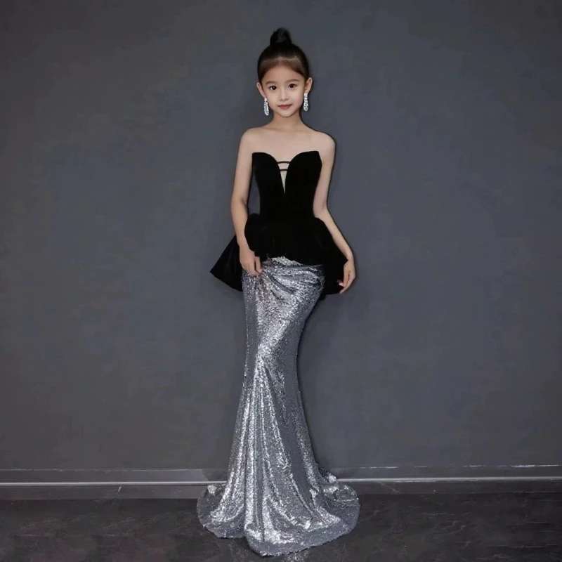 Children Girls Model Performance Kids French Style Fashion Piano Violin Evening Gown Velvet Pageant Party Formal Dress Costume